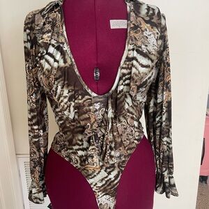 Fashion Nova Brown and Black Patterned Bodysuit